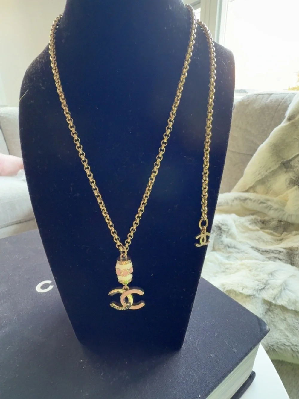 CHANEL Gold Tone Pink Enamel CC Logo Long or Short Pendant Necklace Authentic